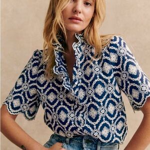 Sezane Dalhia Navy and White Embroidered Blouse